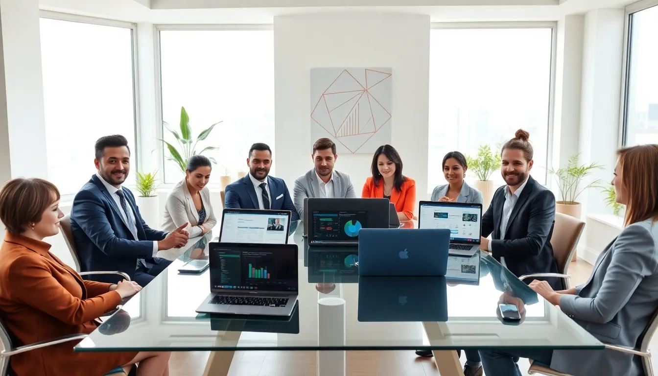 diverse professionals collaborating in a modern office setting.