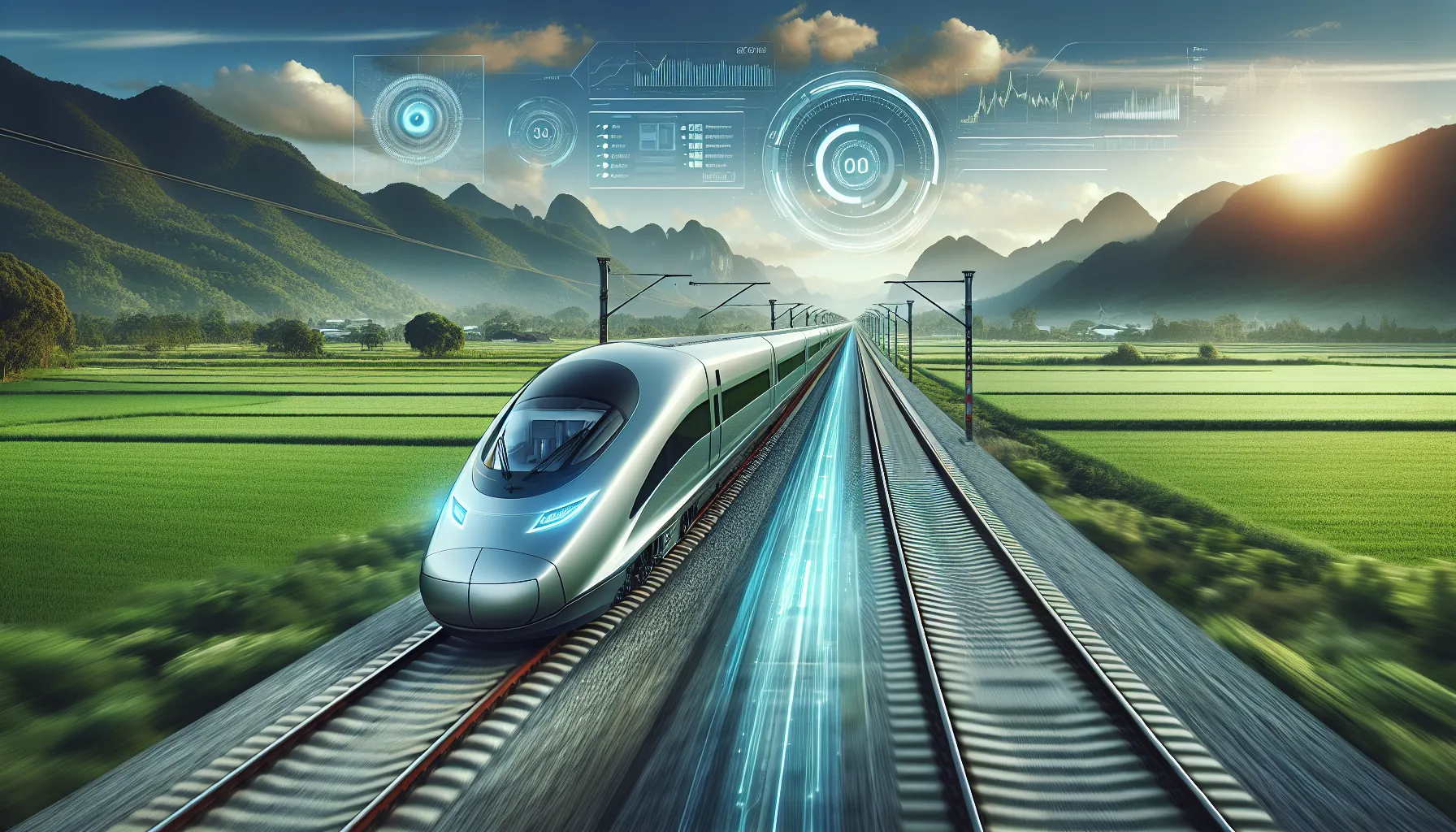 A modern train in a scenic landscape symbolizing innovative travel.