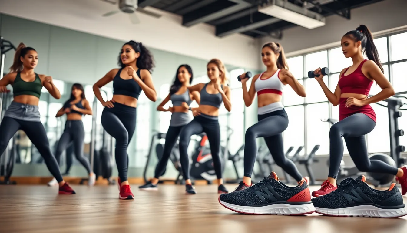 diverse women exercising in cross training shoes at a modern gym.