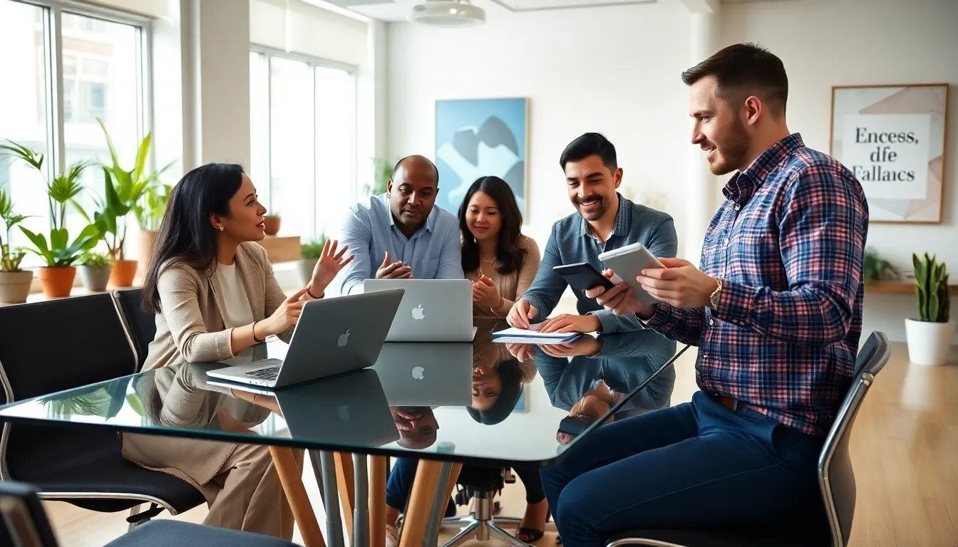 diverse team brainstorming in a modern office setting.
