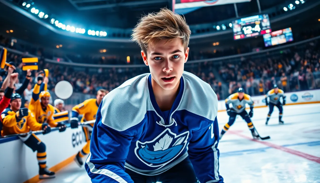 a young hockey player in a game with fans in the background.