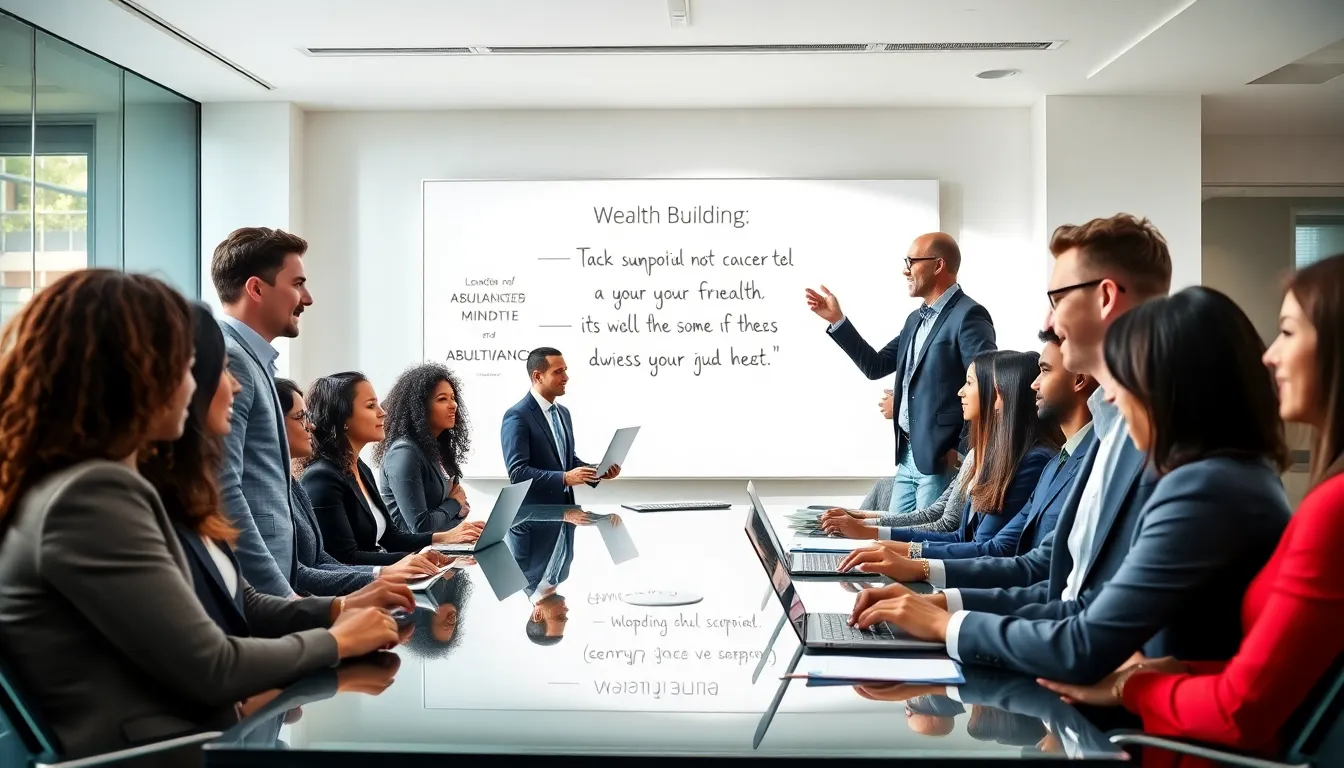 diverse professionals discussing wealth building in a modern office.