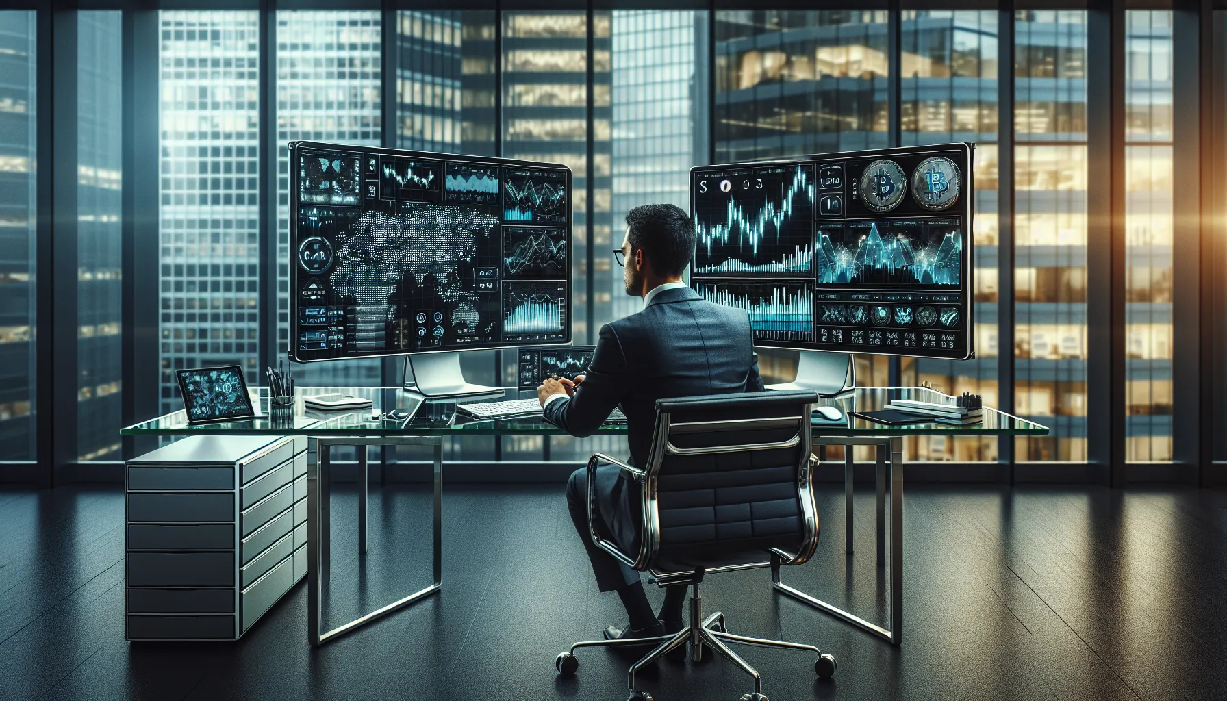 Professional trader at dual monitors displaying cryptocurrency charts and trading interface in modern office.