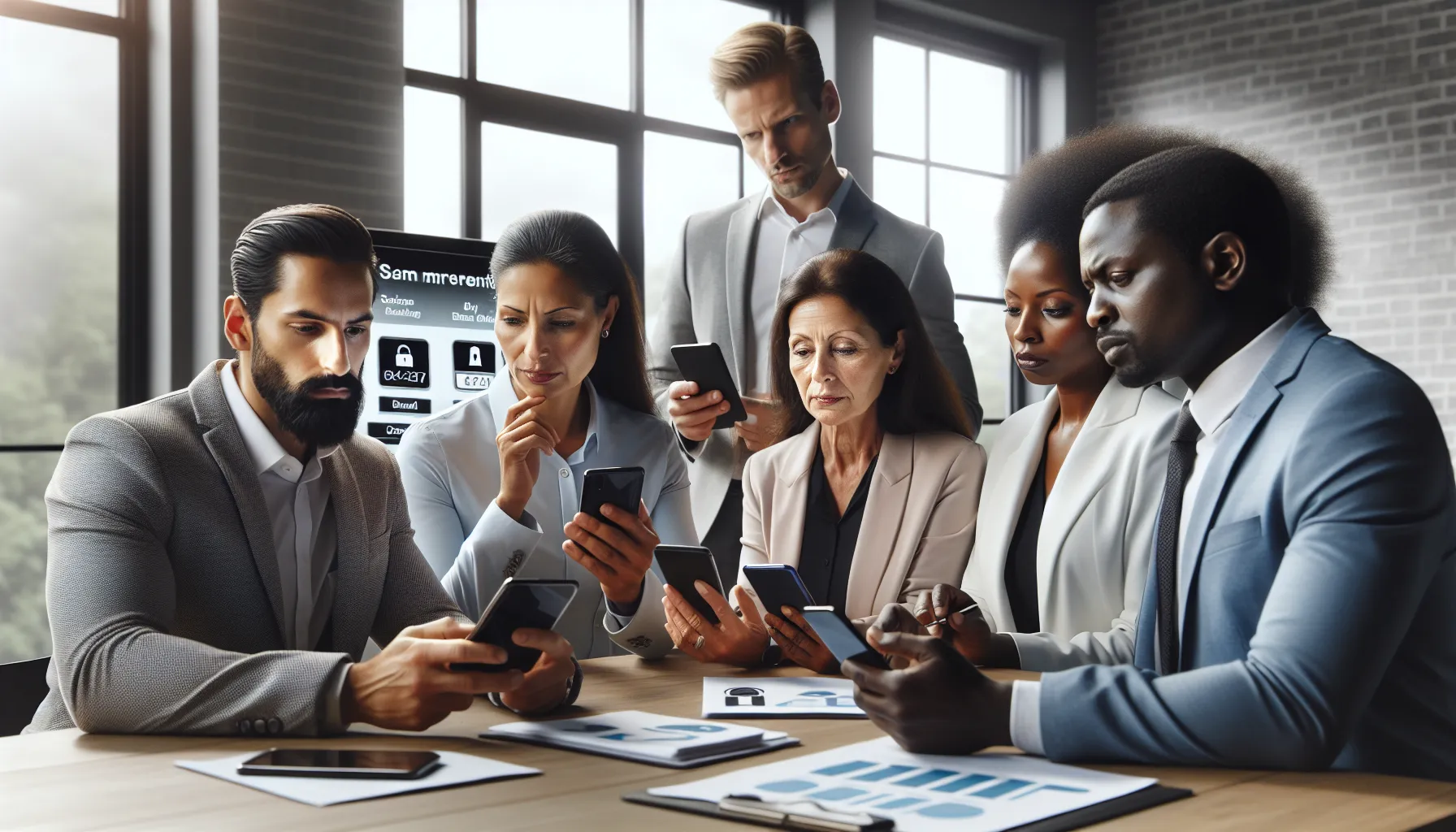 diverse group discussing phone scam prevention in a modern office.