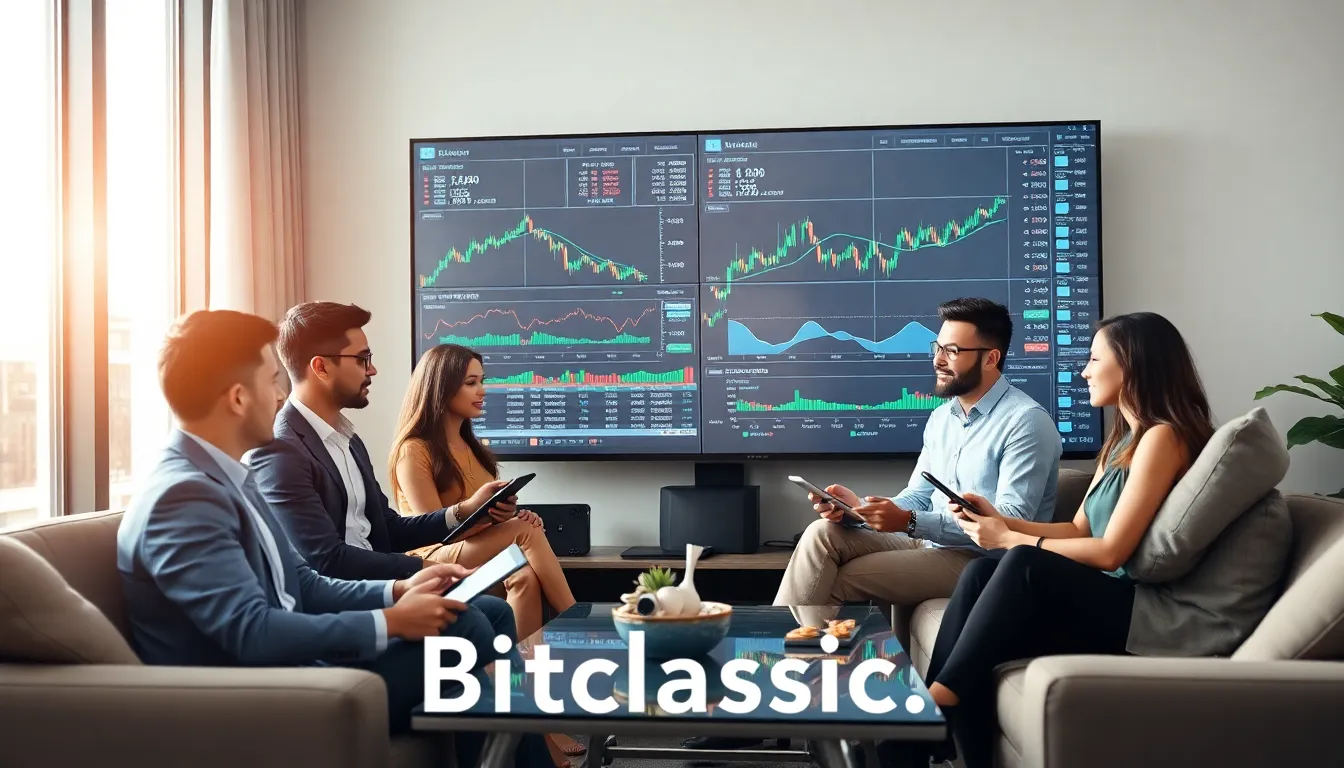 diverse team collaborating on cryptocurrency trading in a modern office.
