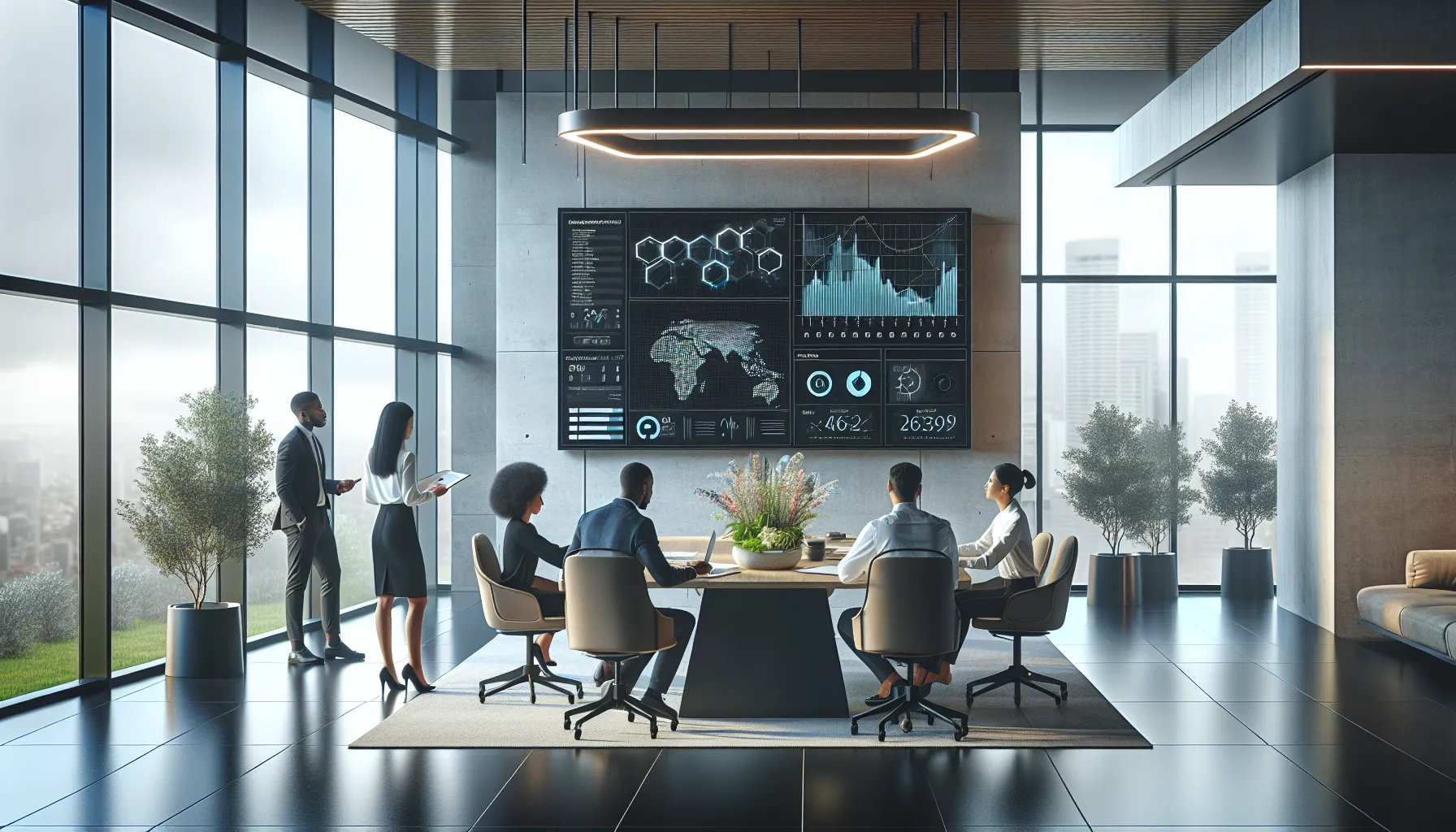 diverse professionals discussing data applications in a modern office.