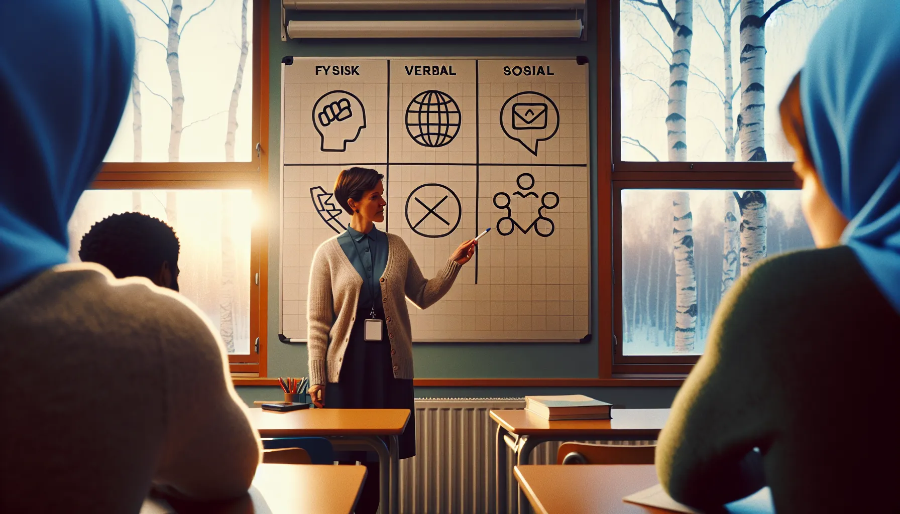 Hvordan skoler kan samarbeide med foreldre for å bekjempe mobbing 2 Teacher and parent discuss bullying types and warning signs in a norwegian classroom.