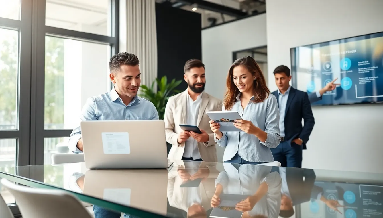diverse team collaborating on a low code development project in a modern office.