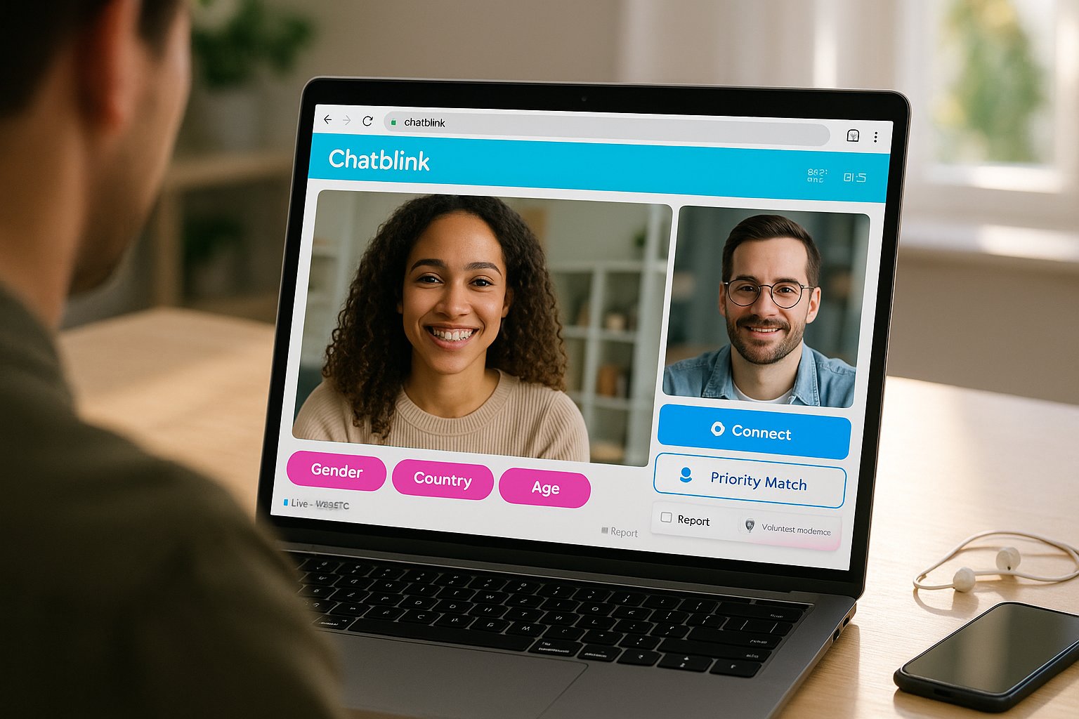 Laptop showing ChatBlink browser video chat with branded cyan and pink UI.