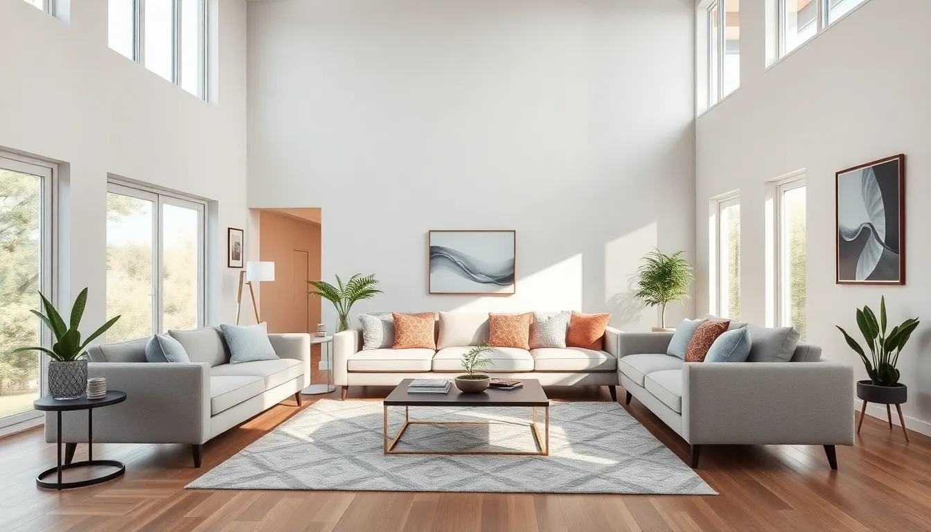 a stylish modern living room with natural light and contemporary decor.