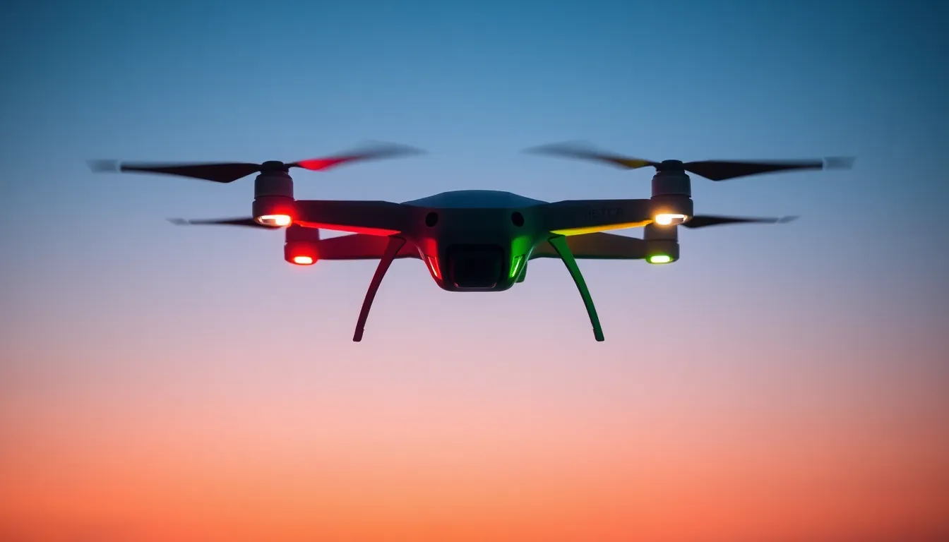 drone featuring red and green navigation lights at twilight.