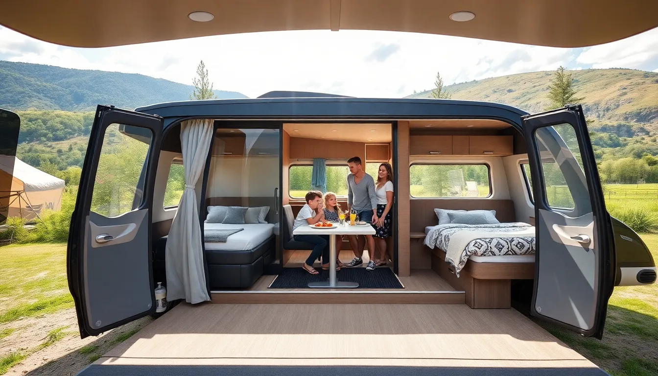 family enjoying their time in a two-bedroom RV at a campsite.