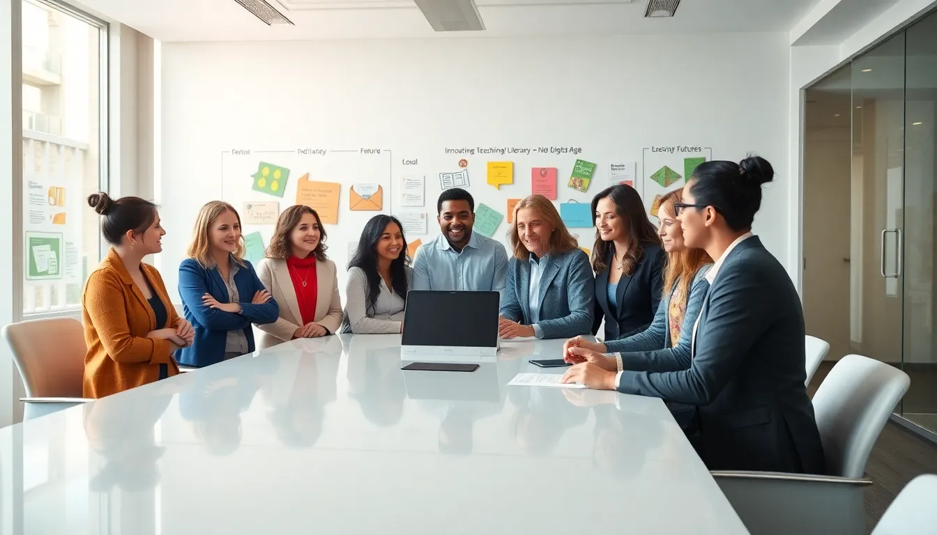diverse educators discussing modern literacy teaching methods in a bright office.
