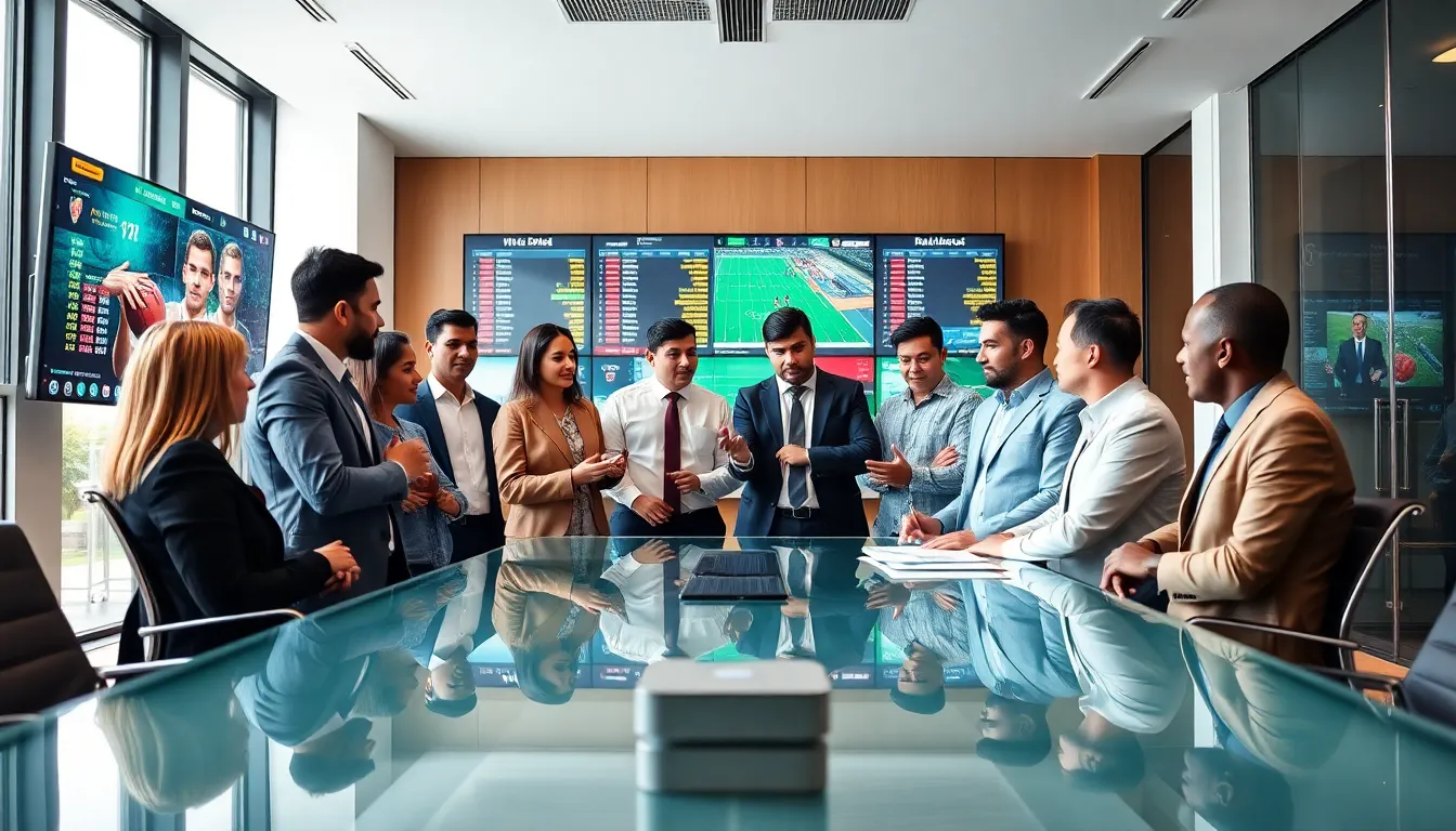 diverse group of professionals discussing sports betting solutions in a modern office.