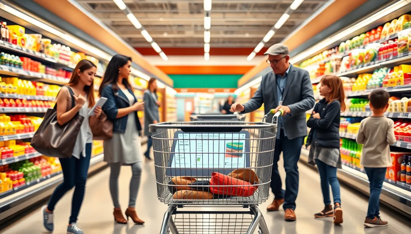 a high-tech smart shopping cart in a modern grocery store.