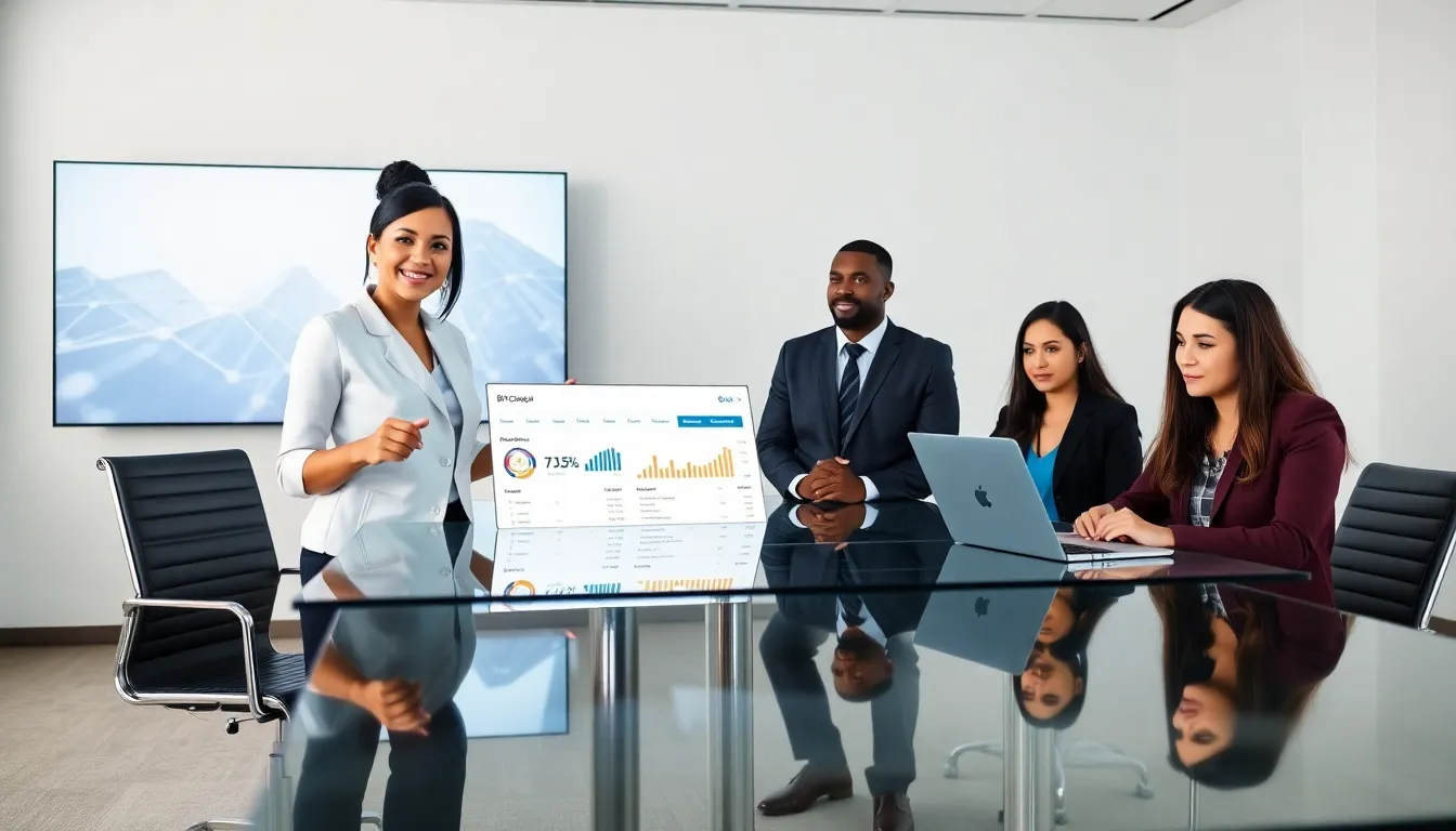 diverse team discussing Blockchain Bitclassic in a modern office.