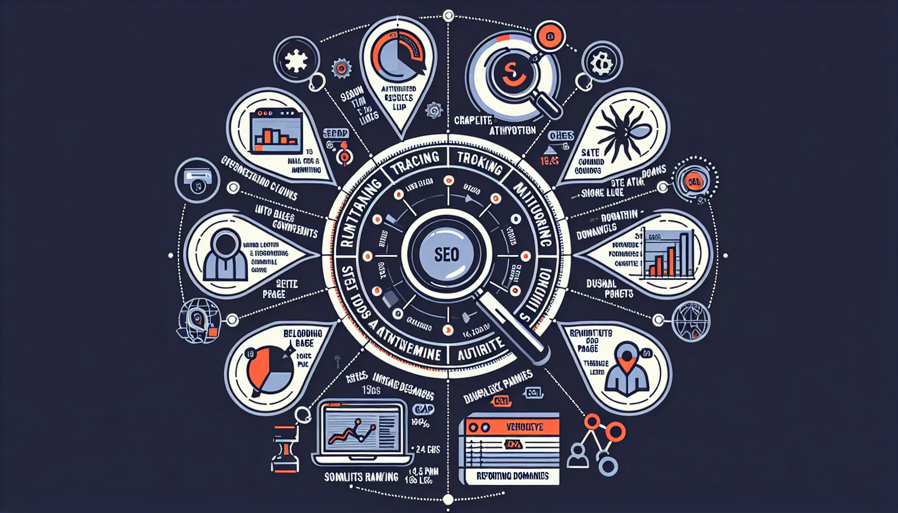 Radial infographic showing five types of SEO tracking tools in the UK.