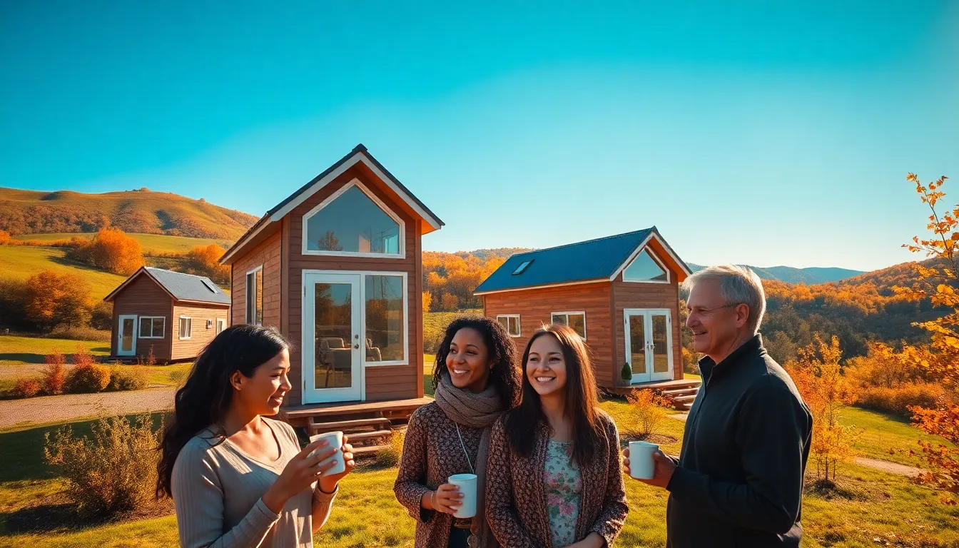 group enjoying coffee outside tiny homes in Tennessee.