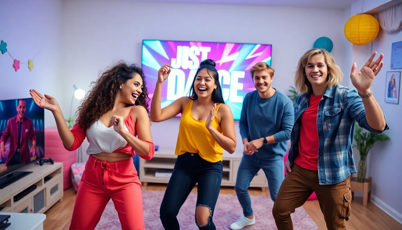 four friends dancing joyfully in a living room while playing Just Dance 2022.