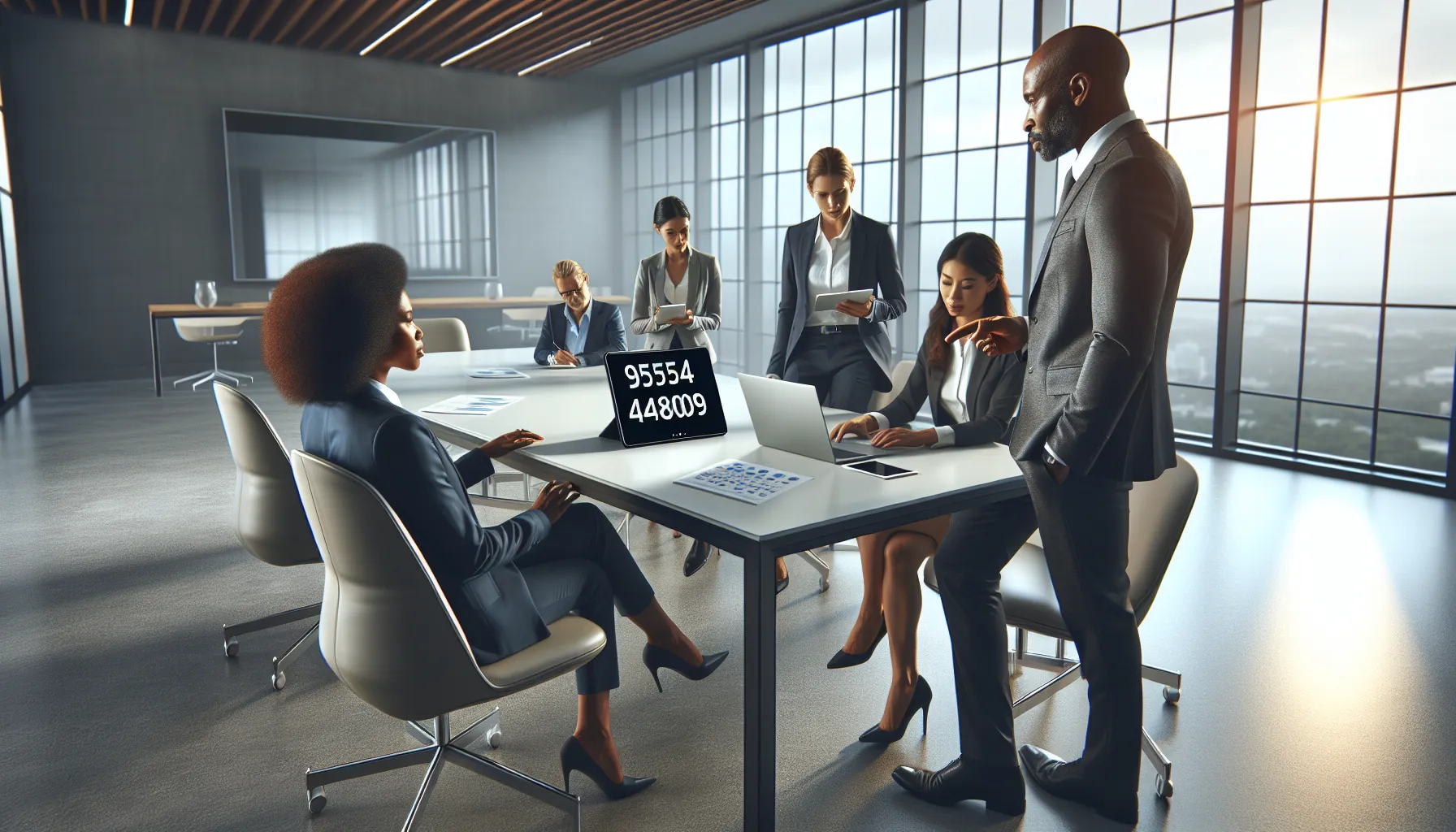 diverse professionals discussing the significance of a phone number in a modern office.