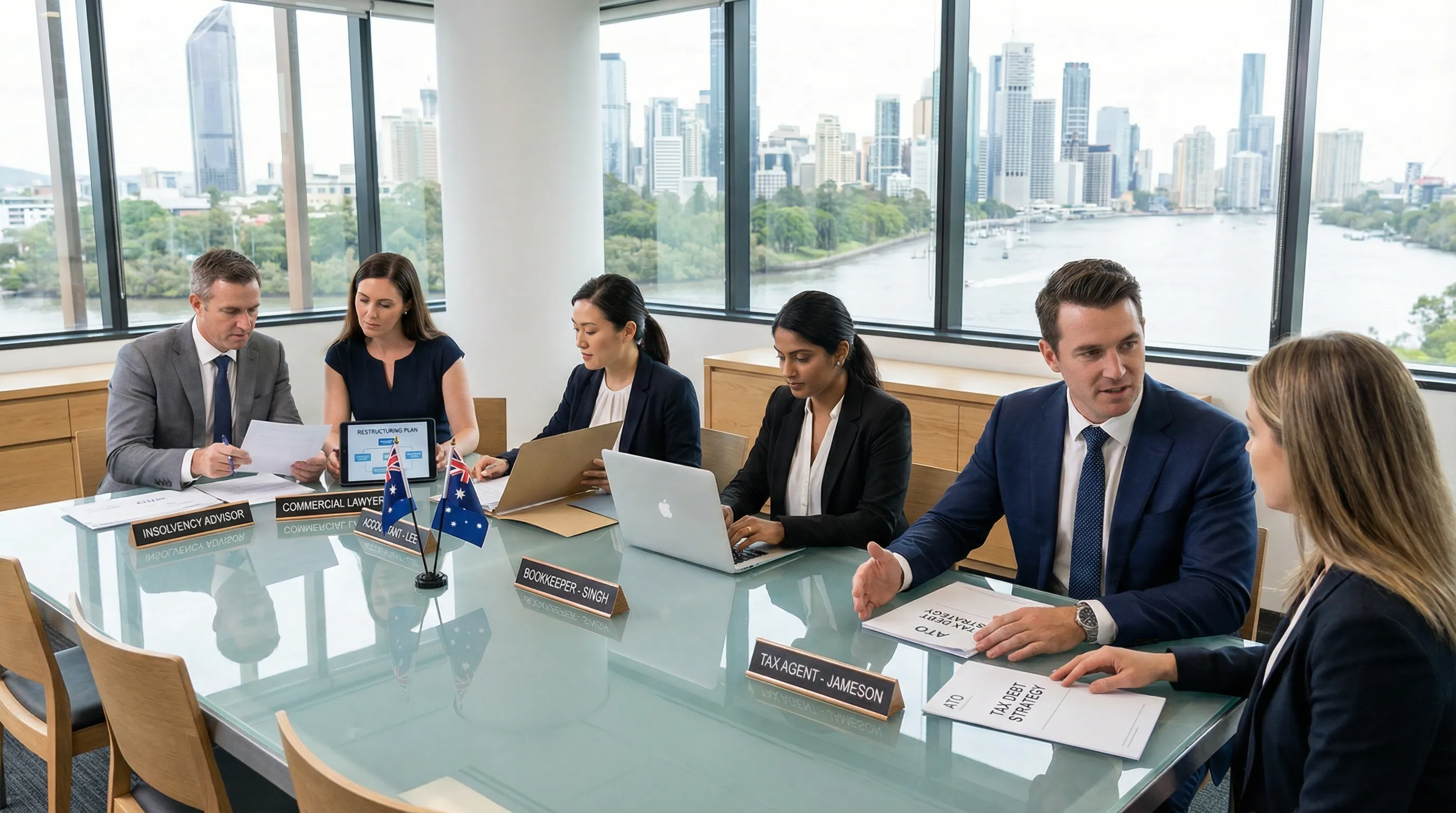 Australian tax specialists advising a business owner in a modern office.
