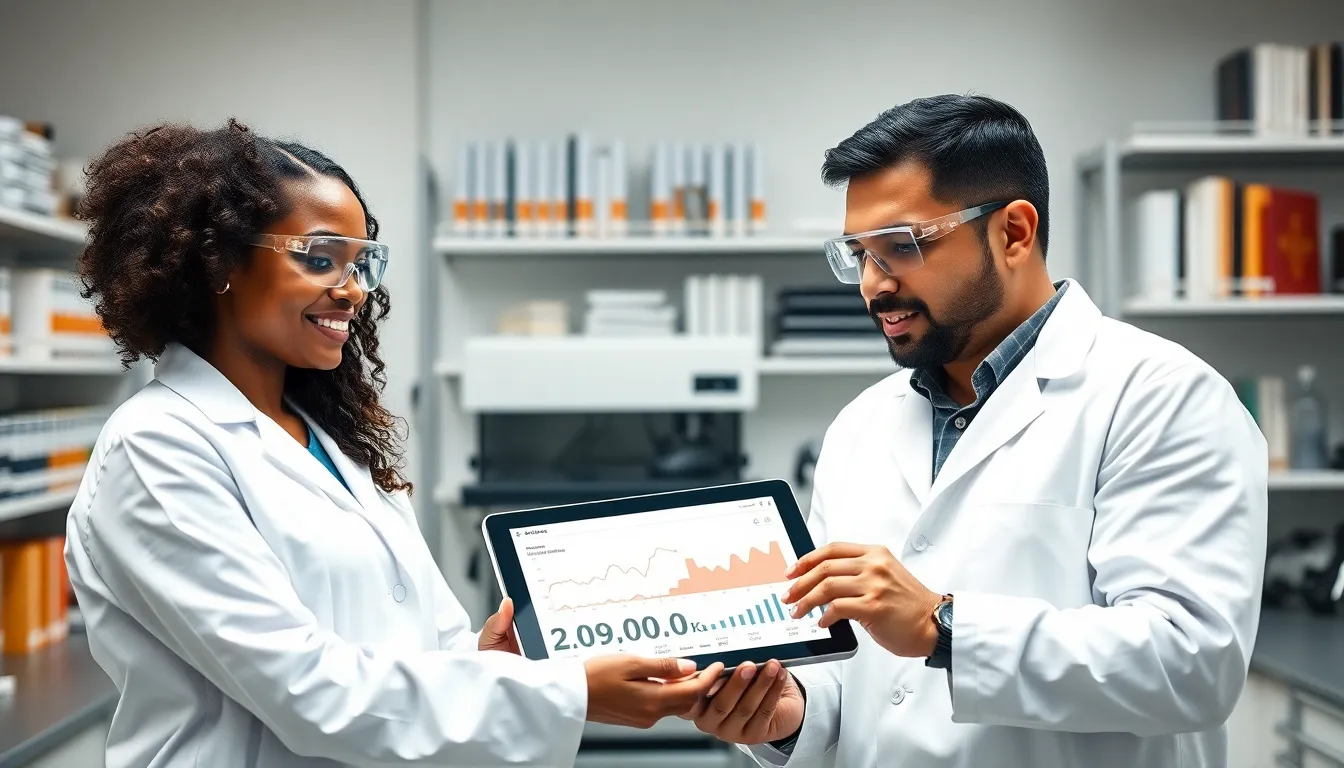 diverse professionals discussing scientific measurements in a modern lab.