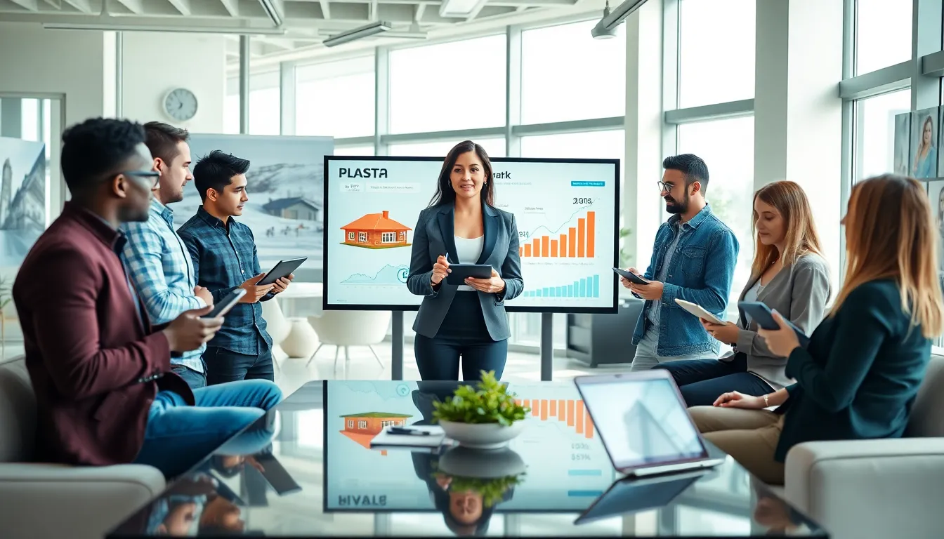 a group of diverse real estate professionals discussing modern technology in an office.
