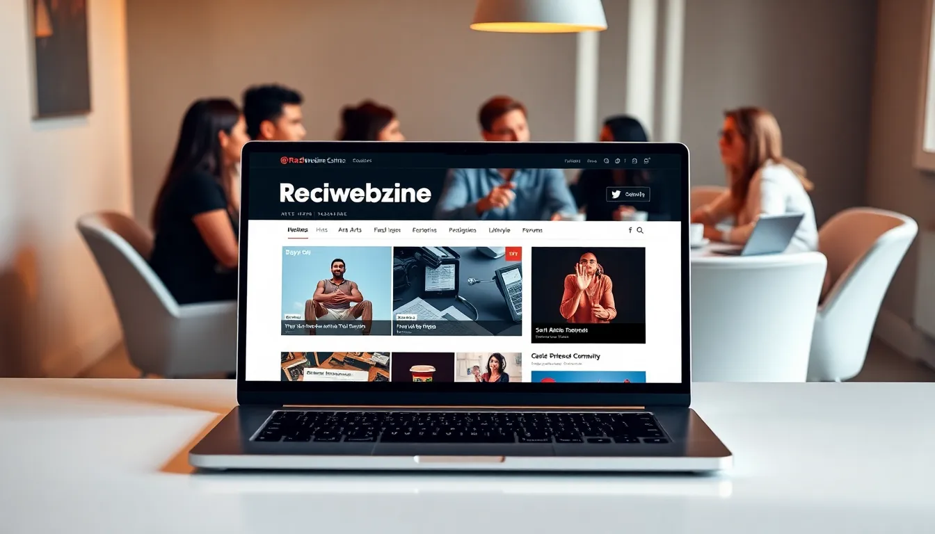 diverse professionals engaging with content on a sleek laptop.