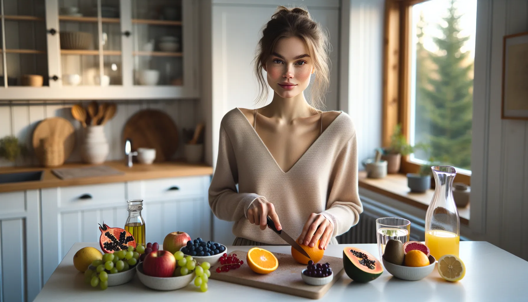 Norwegian woman with glowing skin preparing a colorful variety of fresh fruits in kitchen.