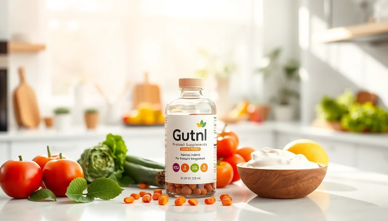 Gutnl dietary supplement displayed in a bright, modern kitchen.