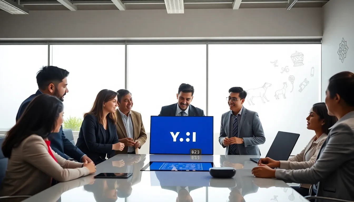diverse professionals discussing language significance in a modern office.