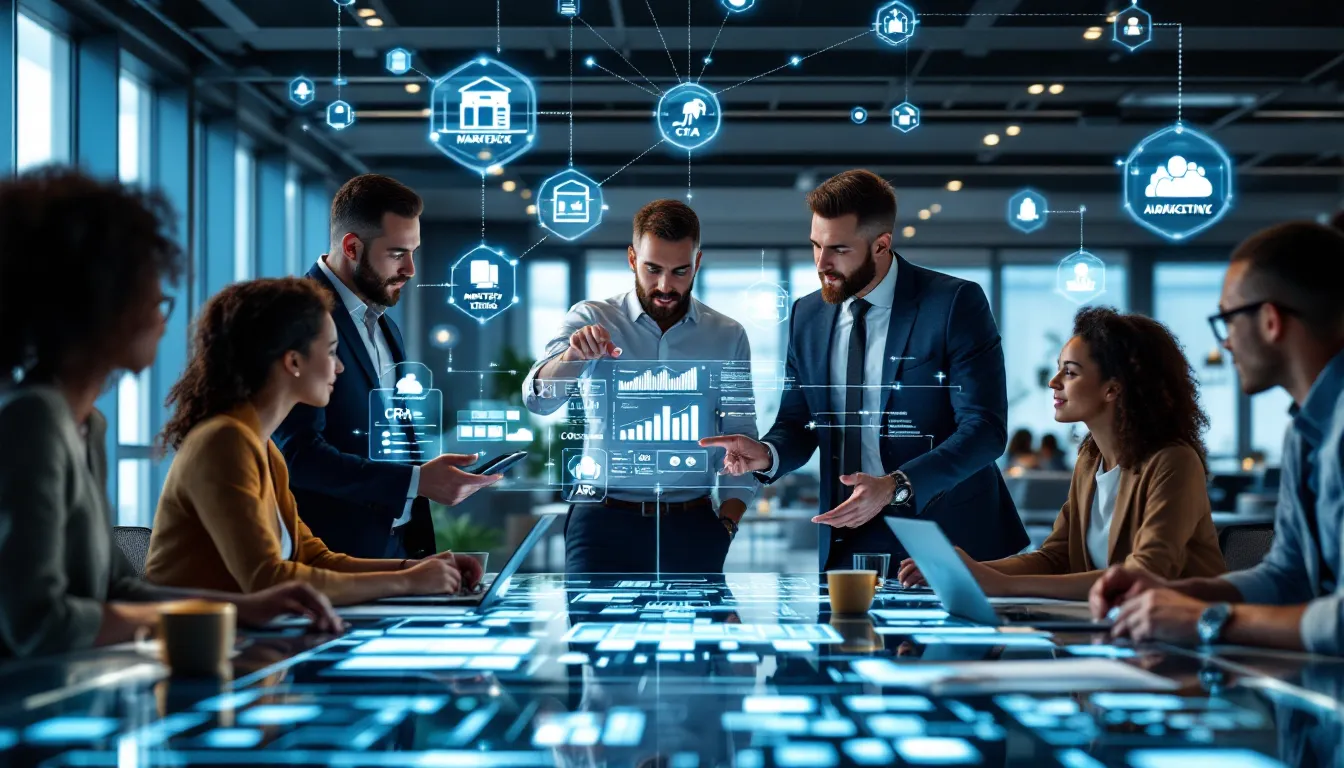 Marketing professionals collaborating with AI systems in a modern enterprise office setting.