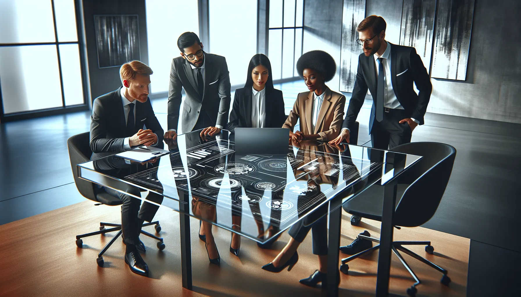 diverse professionals discussing innovative technology in a modern office.