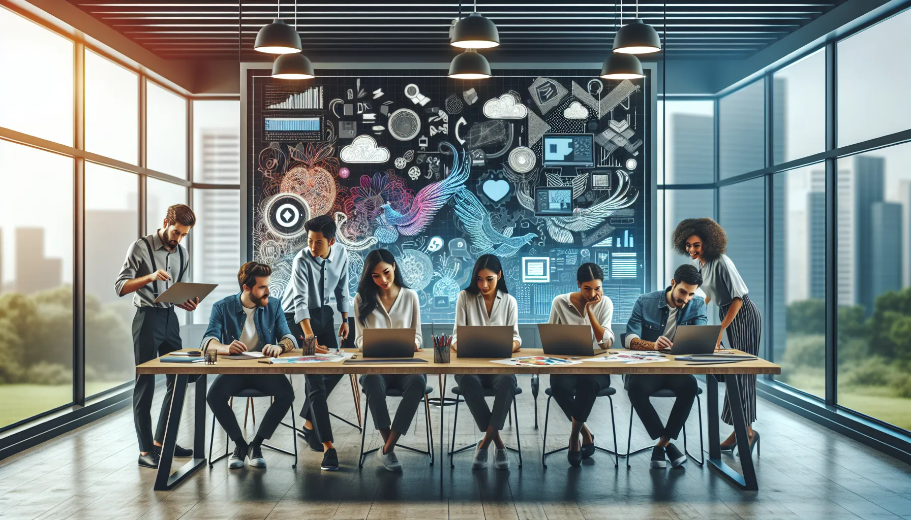 diverse team collaborating on the Draw65536 design tool in a modern office.