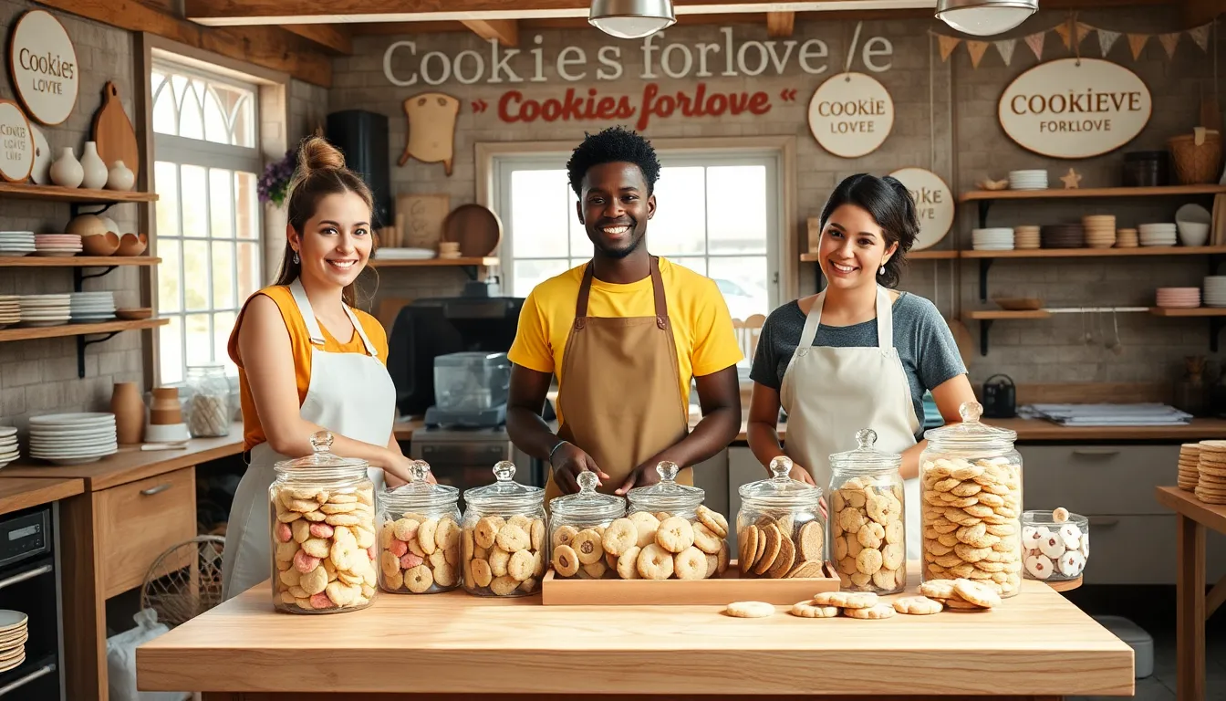 diverse bakers collaborating in a warm bakery setting.