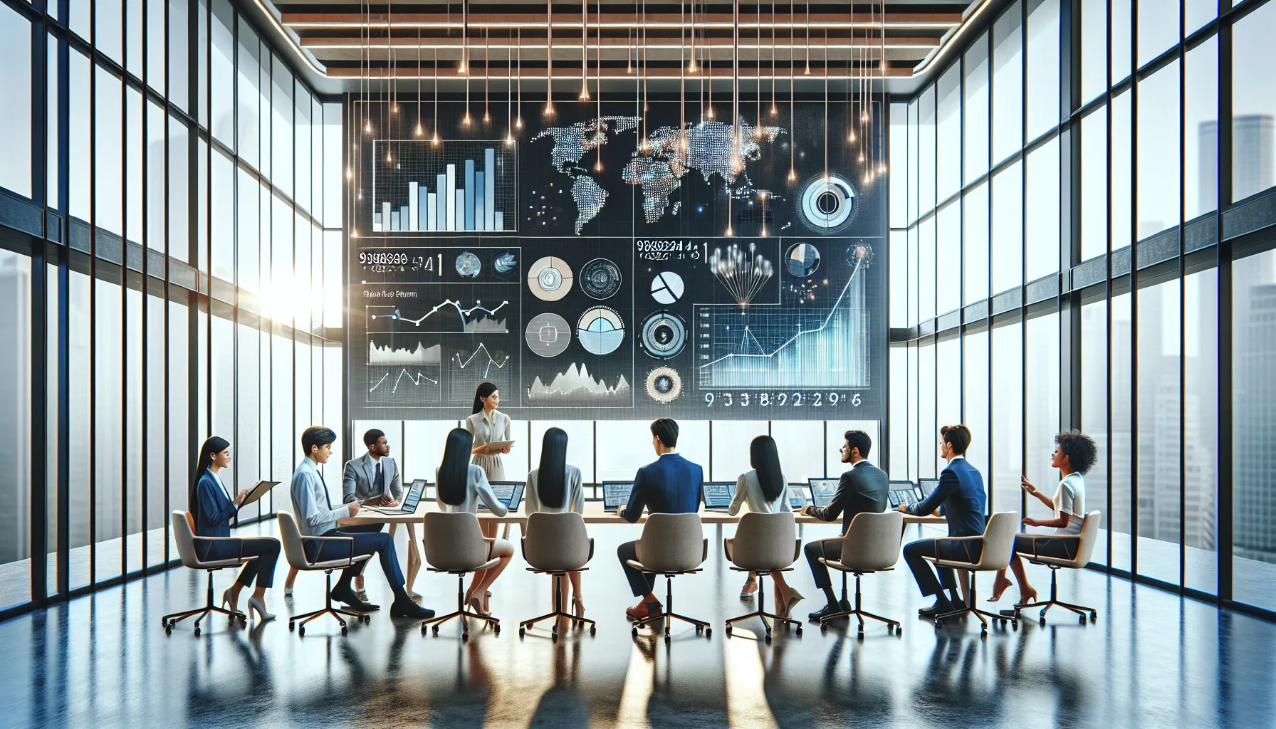 professionals analyzing data trends in a modern office.