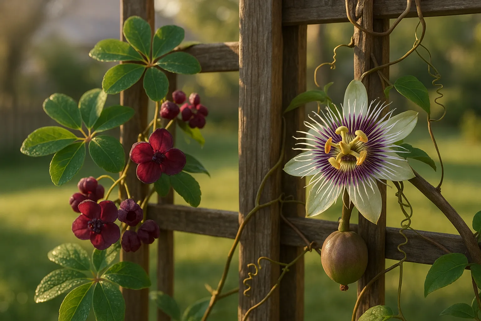 Akebia and Passiflora vines side-by-side on a sunlit garden trellis.