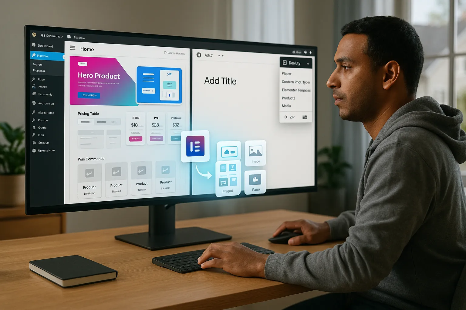 Designer using a plugin to copy WordPress content between two websites on one screen.