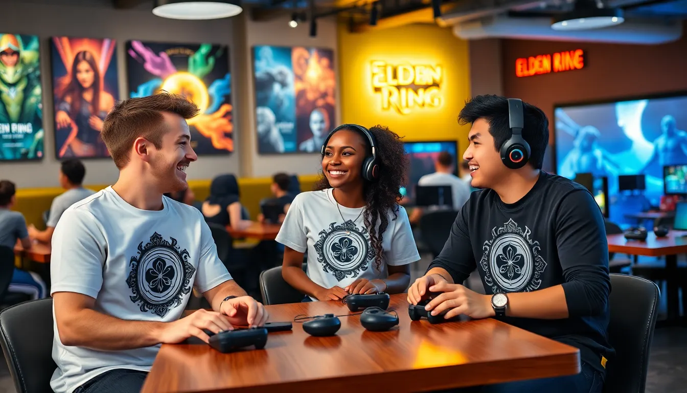 diverse group wearing Elden Ring shirts in a gaming caf&eacute;.