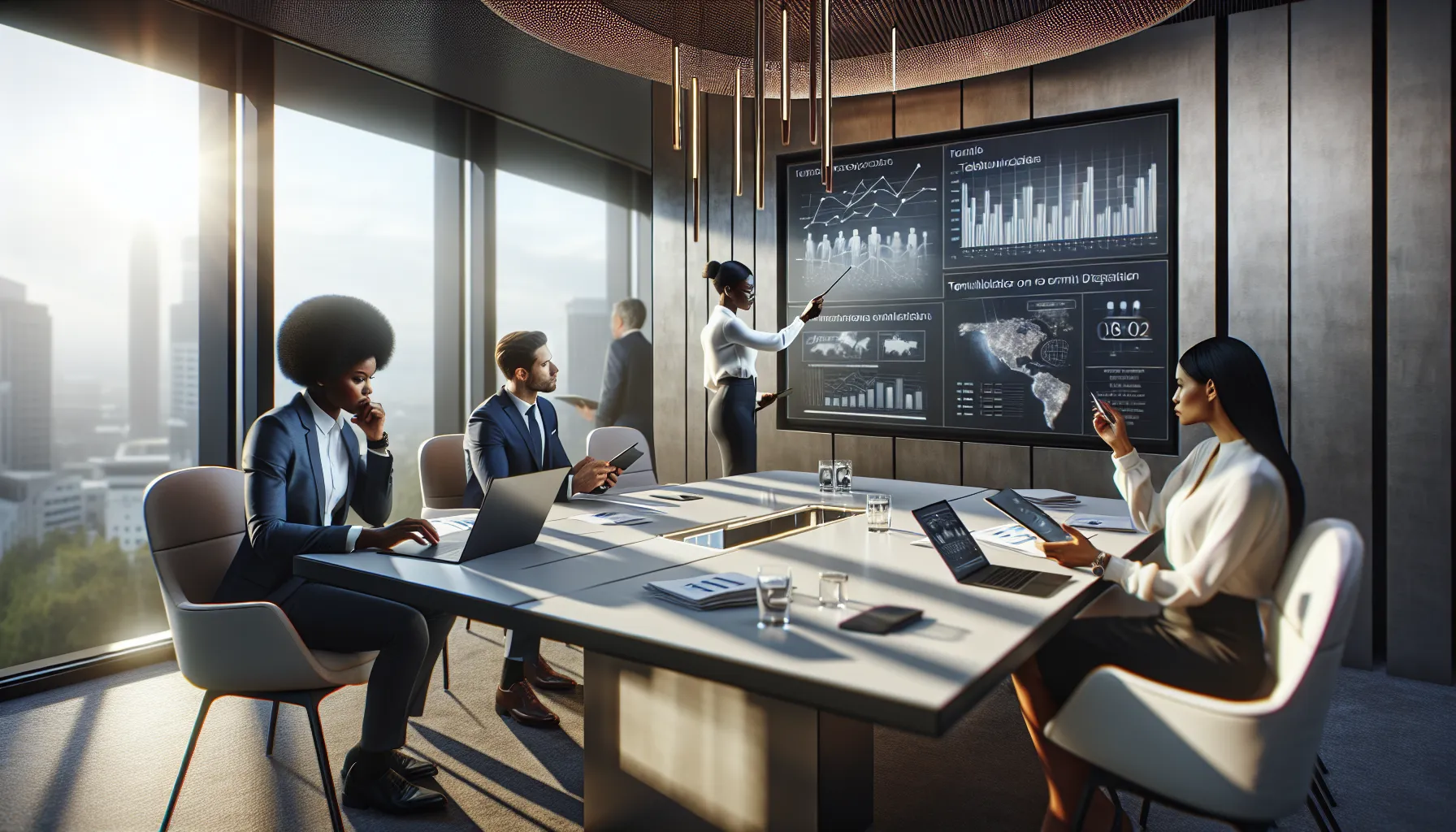 diverse team discussing telecommunications in a modern office.