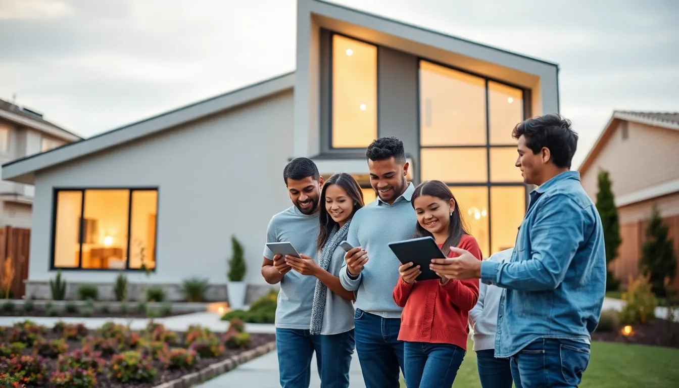 family interacting with smart home technology in a modern house.