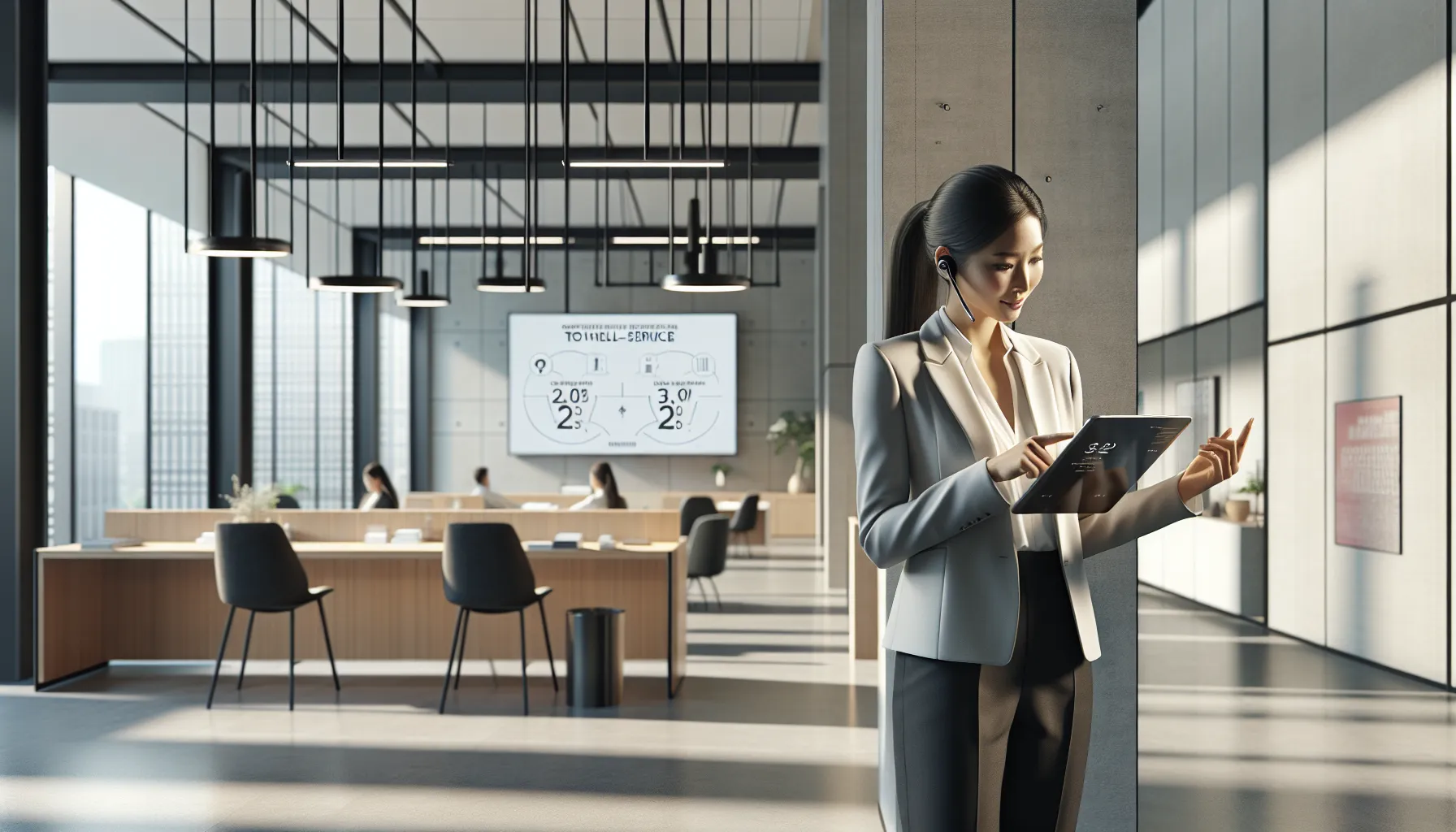 A business professional discussing toll-free numbers in a modern office.