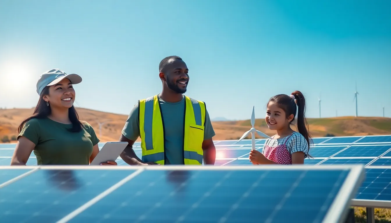 a diverse group discussing renewable energy solutions at a solar farm.