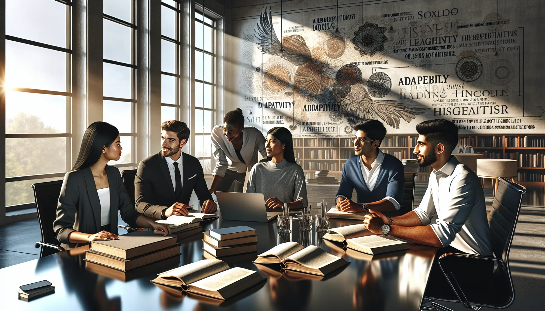 diverse professionals discussing in a modern library setting.