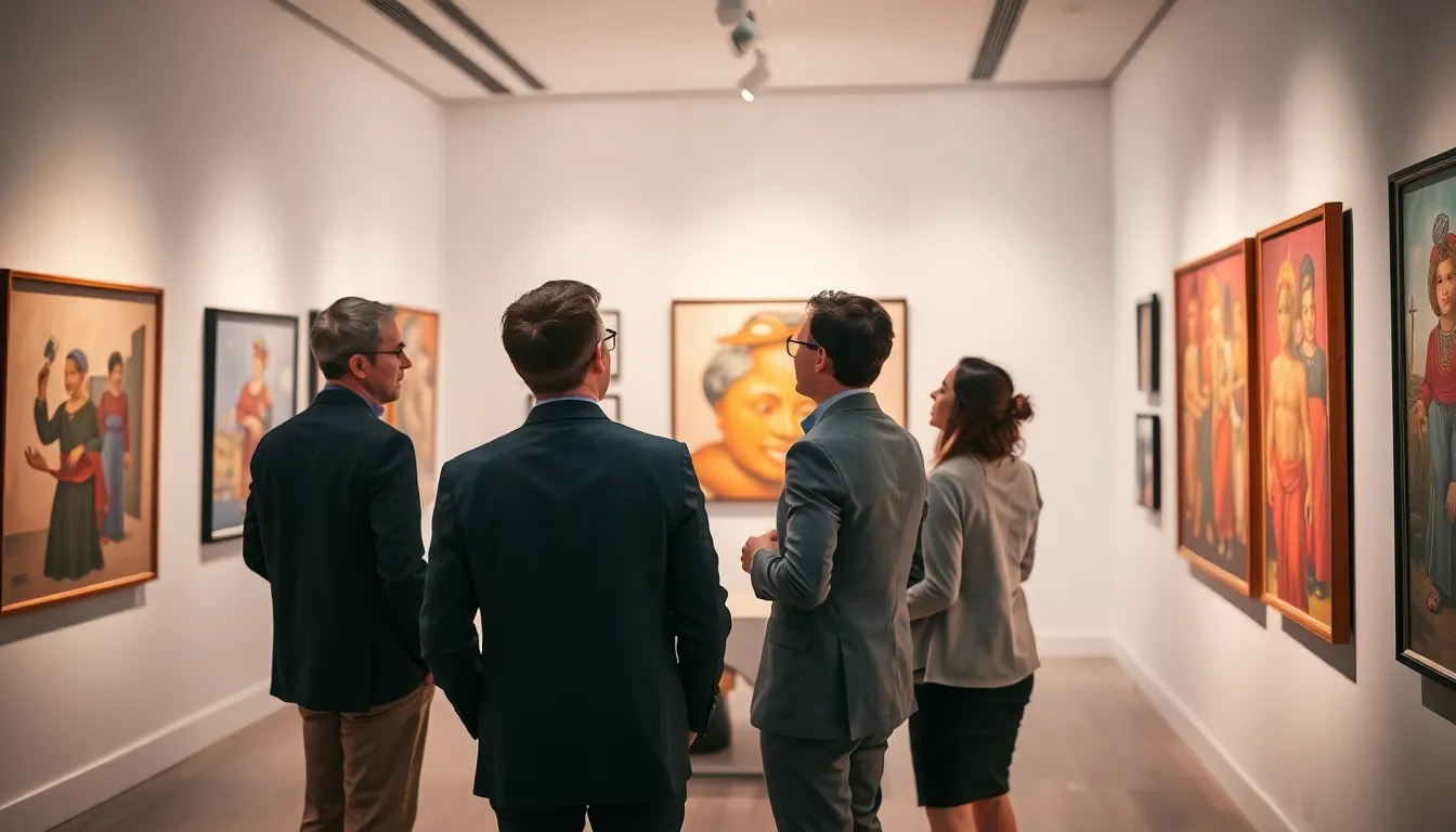 professionals discussing art in a modern gallery.