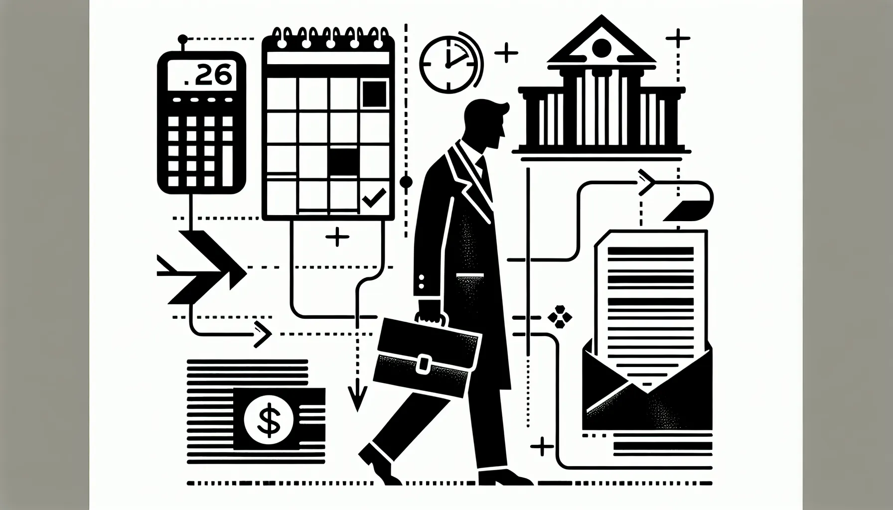 Dentist walking away with calendar, ledger, and bank icons showing payment delays.