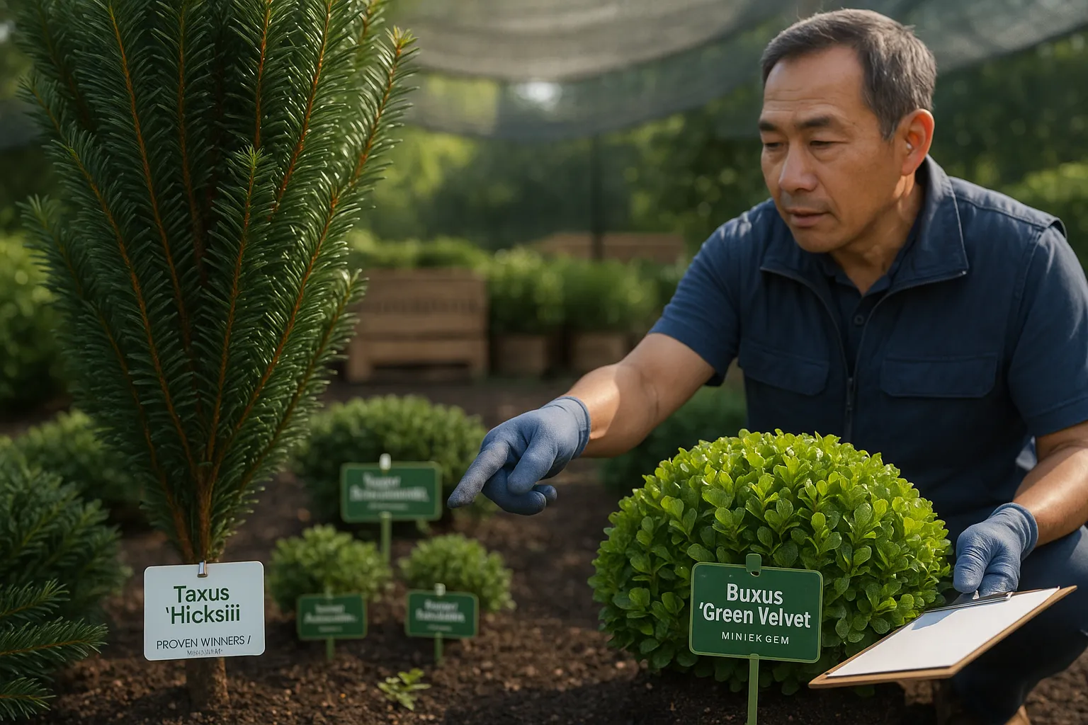 Side-by-side yew and boxwood shrubs with nursery tags and a worker pointing.