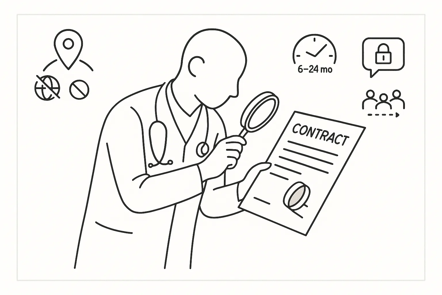 Veterinarian examining a contract with icons for noncompete, duration, NDA, non-solicit.