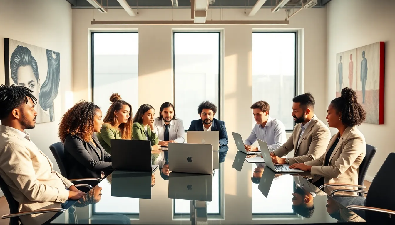 diverse professionals collaborating in a modern office space.