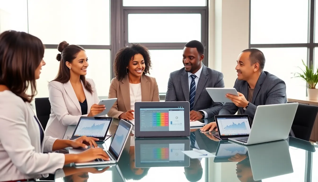 diverse team discussing credit scores in a modern office.